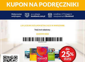 Kupon na podręczniki dla uczniów LXII Liceum Ogólnokształcącego - Bookland.com.pl